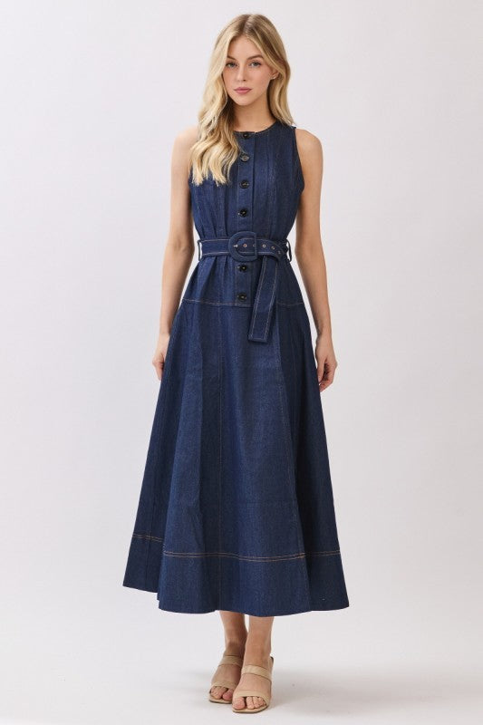 Denim Sleeveless Button Maxi Dress