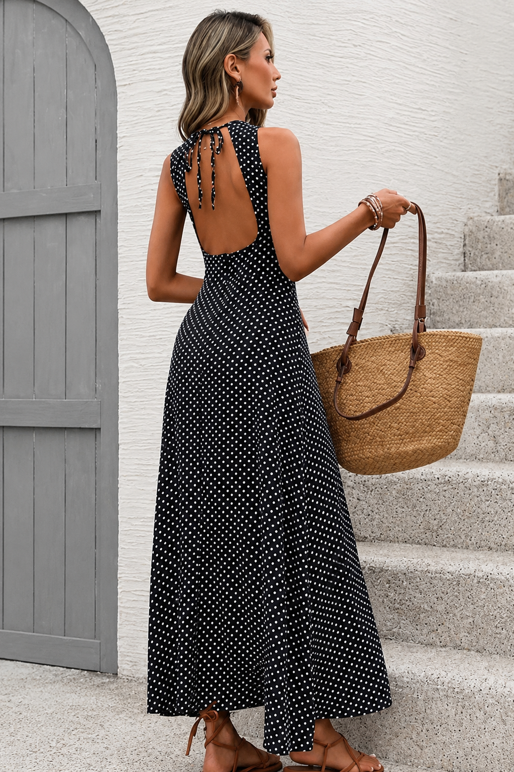 Polka Dot Open Back Tie Sleeveless Maxi Dress For Woman