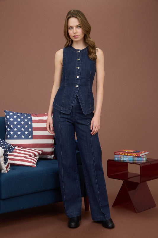 Sleeveless denim vest with round neck & buttons, paired with high-waist wide-leg denim pant