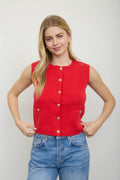 Gold Button Round  Neck Knit Cardigan Vest