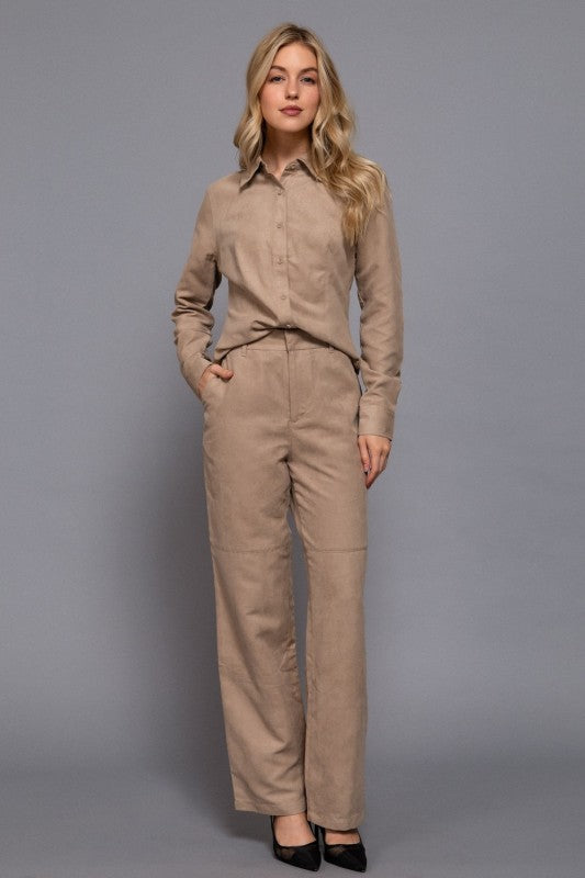 Faux Suede Straight Leg Woven Pants