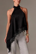 Satin Lace Trim Halter Asymmetrical Top