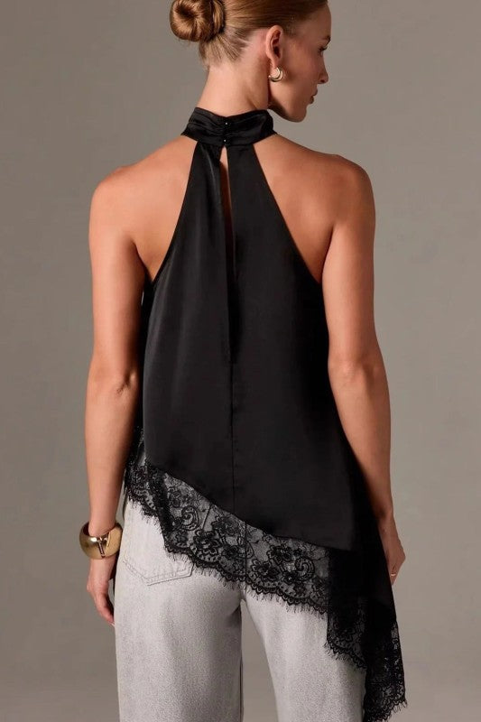 Satin Lace Trim Halter Asymmetrical Top