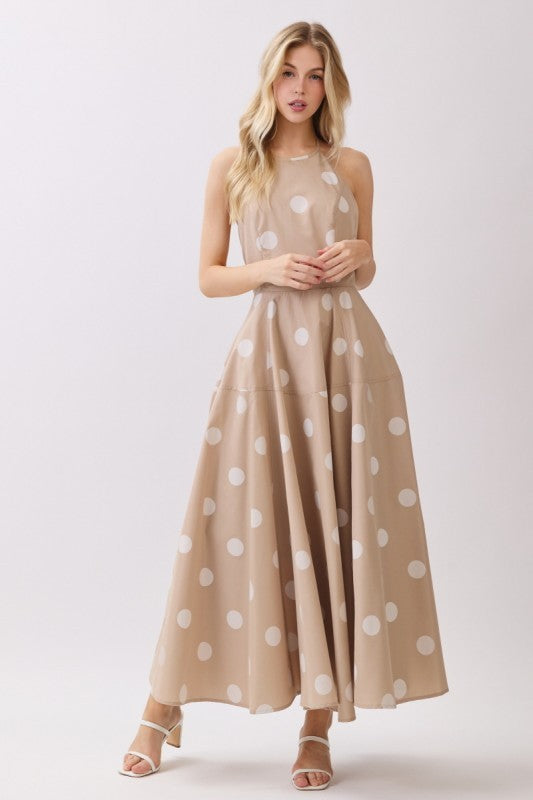 Polka Dot Sleeveless Halter Maxi Dress