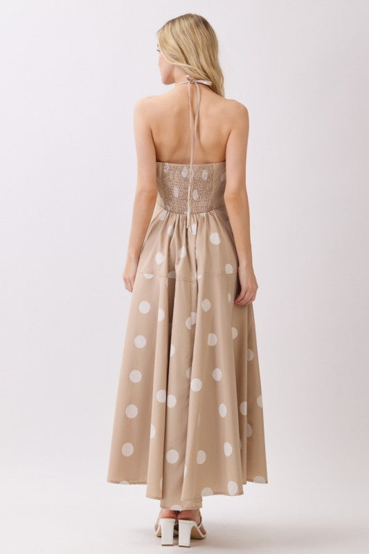 Polka Dot Sleeveless Halter Maxi Dress