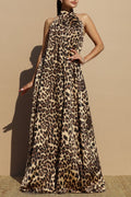 Leopard Mok Neck Satin Jumpsuit